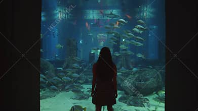 Back view of a tourist walking inside the Dubai aquarium, silhouette of a woman walking towards large fish tank and