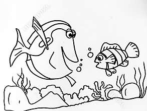Hand drawing pattern marine life. Fish and plants. Maker Drawing.  Coloring for kids.