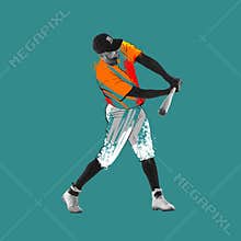 Collage. Professional baseball player in drawn sports uniform in motion isolated on green background. Illustration
