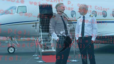 Spinning globe and data processing over caucasian two pilots talking while walking on airport runway