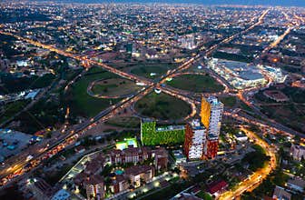 Aerial shot of the city of Accra in Ghana at night