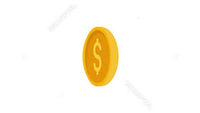 Golden dollar coin spinning or rotates isolated on a white background.