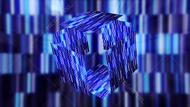 An extravagant cube artifact, mysterious Pandora's box. Motion. 3D opening glowing digital box on striped shimmering