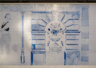 Segment of a large tile mural by Los Bravu in the middle of Madrid`s Gran Via, Spain.