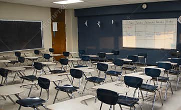 Empty high school classroom with desks and no kids