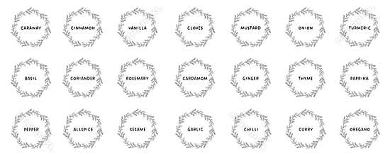 Vector set isolated food labels or stickers. Use to label kitchen food containers with spices. Labels, stickers, homemade stickers