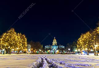 Civic Center Park and Colorado State Capitol during a winters night. Denver