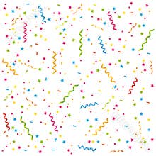 Party streamers and confetti background.