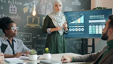 Motivated muslim employee explaining business ideas to group of colleagues in creative office