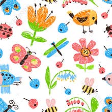 Kids drawing seamless pattern. Colorful childish arts. Colorful pencil doodles background. Preschool creativity. Summer