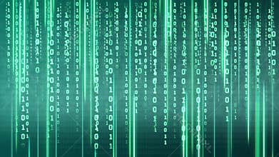 Binary code on a dark background. Abstract animated background from particles of a computer program. Hacker attacks and