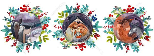 Christmas Nativity scene, Virgin Mary with Joseph, baby Jesus Christ in a manger, Star of Bethlehem. Shepherds on the night of
