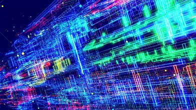 Motion graphic, data flow. Hi tech stream of datum, motion design vj loop. Wireframes of network blocks with neon light