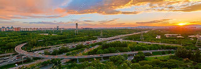 Beijing Olympic Green Forest Park and freeway, China
