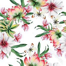 Bright seamless pattern with  flowers. Hibiscus. Lotus. Butterfly. Watercolor illustration. Hand drawn