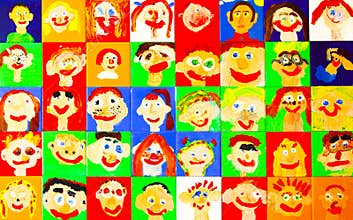 Lots of colorful happy children children\'s kids faces painted on tiles
