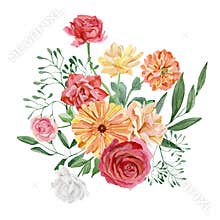 Watercolor floral bouquet, red and peach flowers roses and peonies, eucalyptus leaves. Autumn floral design for wedding invitation