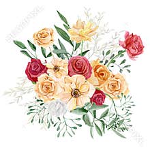 Watercolor floral bouquet, red and peach flowers roses and peonies, eucalyptus leaves. Autumn floral design for wedding invitation