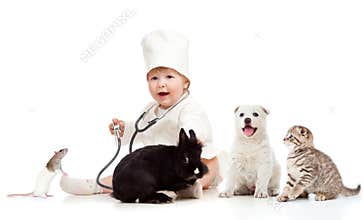 Kid doctor examining pets dog, cat, bunny and rat