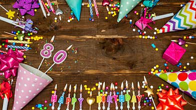 Top view of decoration birthday copy space. Happy birthday for eighty years old. Beautiful congratulations for 80 years.