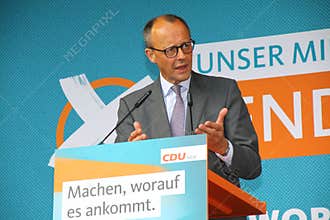 Paderborn, nrw, germany, may, 04. 2022; cdu - party chairman friedrich merz speaks at an election campaign event, state elections