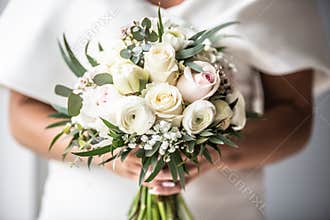 Detail of bride holding white wedding flowers bouquette in her hands