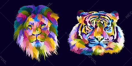 colorful tiger and lion pop art portrait illustration