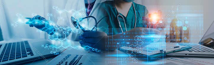 Medicine doctor touching electronic medical record on tablet. DNA. Digital healthcare and network connection on hologram modern