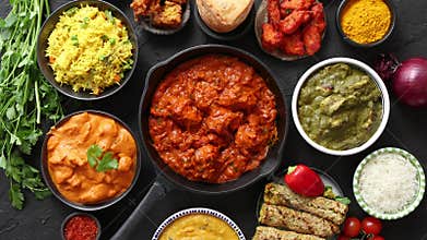 Various Indian dishes on a table. Spicy chicken Tikka Masala in iron pan