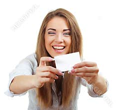 Woman smiling holding the card
