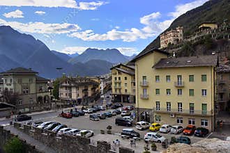 Pont Saint Martin, Aosta Valley, Italy. -10/11/2020- The central square IV Novembre with Baraing Castle on background