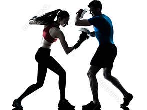 Coach man woman exercising boxe