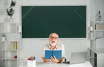 Portrait of mature teacher or tutor professor working at table in college or high school. Adult teaching.