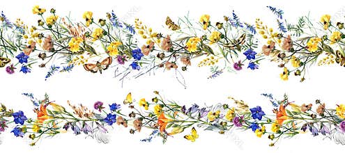Watercolor flowers seamless banner set. floral pattern illustrations. Botanical border composition.