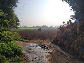 Agricultural Farmlands with tractor ploughing the farm