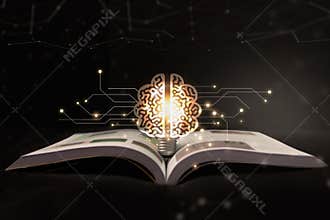 Light bulbs glowing with book. The idea of reading books, knowledge and searching for new ideas