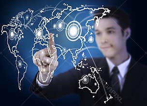 Business man with world map graphic screen