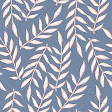 Random nature doodle seamless pattern with leaf branches ornament. Pastel navy blue background. Simple design