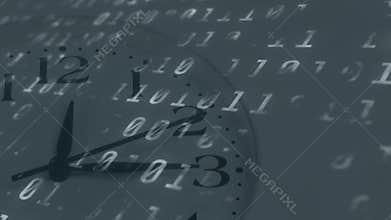 Digital animation of binary coding data processing against ticking clock