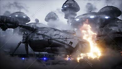Futuristic sci fi ship take wing. Military robot. Apocalypse city. Realistc dust animation.