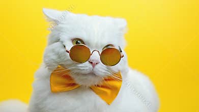 Portrait of white furry cat in fashion sunglasses and bowtie. Luxurious domestic kitty in glasses poses on yellow wall
