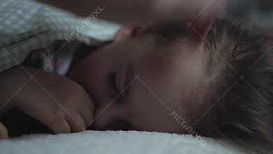 Relaxation, Sweet Dreams, Childhood, Family Concepts - Tight close up preschool toddler kid girl Sleep on Bed in Dark