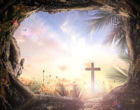Sunrise Cross Seen From Cave Entrance Symbol Of Faith And Hope