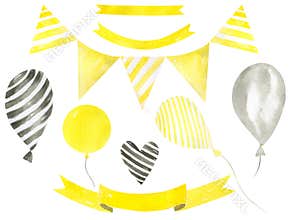Festive set of flags, balloons and ribbons on a white background Watercolor hand painted birthday clipart