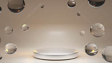 Silver round stage, pedestal or podium with transparent air beige bubbles. Water drops, glass balls or soap bubbles on
