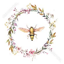 Watercolor bee illustration. Vintage wildflowers wreath