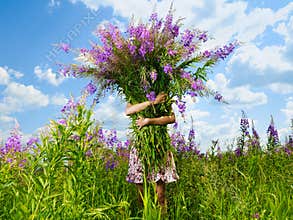 Girl with a giant bouquet of flowers