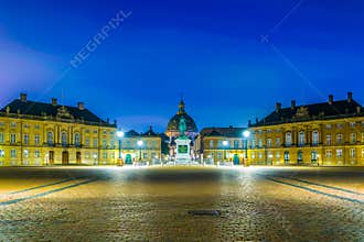 Night view of the Frederik\'s Church known as The Marble Church and Amalienborg palace with the statue of King Frederick V in