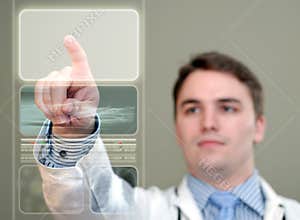 Young Doctor Pressing Glowing Button on Translucent Medical Display