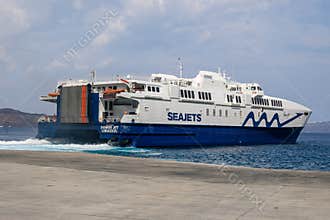Power Jet Seajets high-speed ferry leaving Athinios port of Santorini Island, Greece